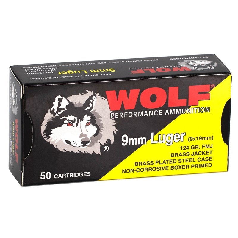 Box of Wolf 9mm ammo containing 1000 rounds of 124 grain Full Metal Jacket for reliable practice and training.