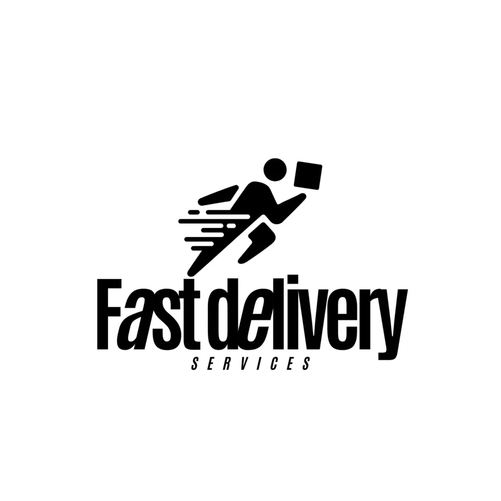 A minimalistic design featuring a stylized figure in motion holding a package, with "Fast Delivery Services" written below, representing quick and reliable service for Glock 17 sales.