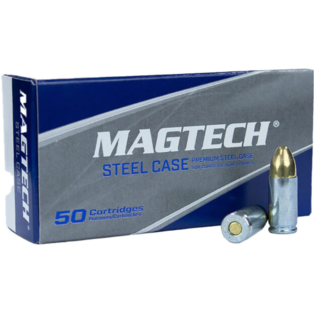 Box of Magtech Steel 9mm ammo containing 1000 rounds of 115 grain Full Metal Jacket for reliable performance and training.