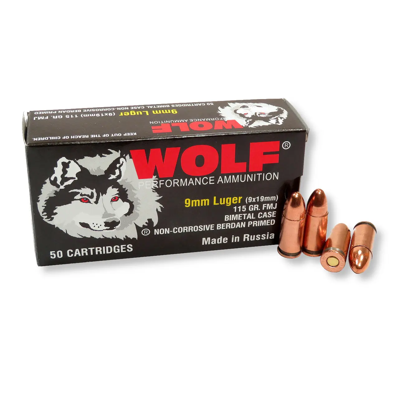 Box of Wolf 9mm ammo containing 1000 rounds of 115 grain Full Metal Jacket for high performance and reliability.