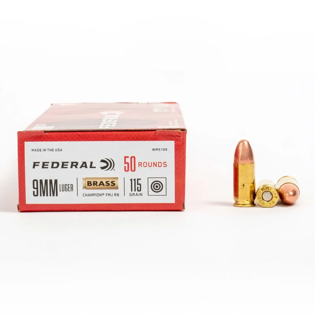 Federal 9mm 115 Grain FMJ ammunition box with 1000 rounds, designed for reliable performance, accuracy, and value for target shooting and practice.