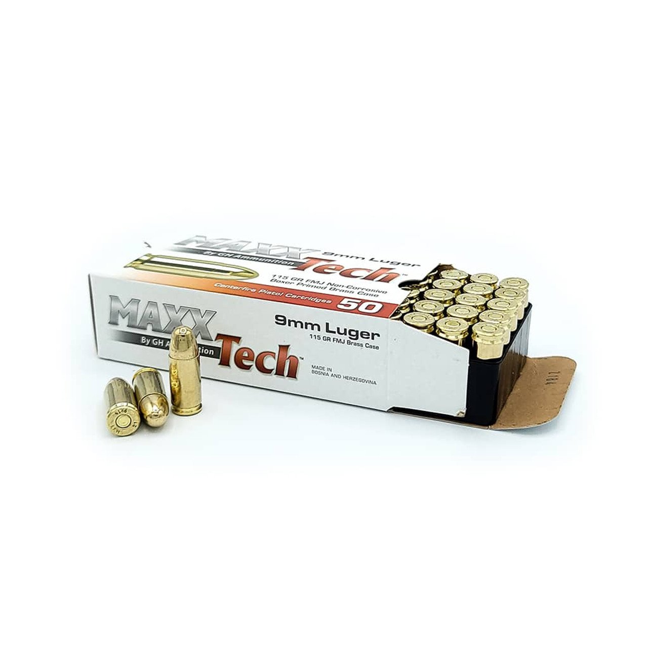 Maxxtech Brass 9mm 115 Grain FMJ ammunition, 500 rounds designed for reliable accuracy and smooth performance for target practice and competitive shooting.