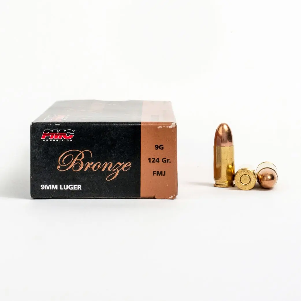 PMC 9mm 124 Grain FMJ ammunition box with 1000 rounds, ideal for target shooting, training, and reliable performance in 9mm firearms.