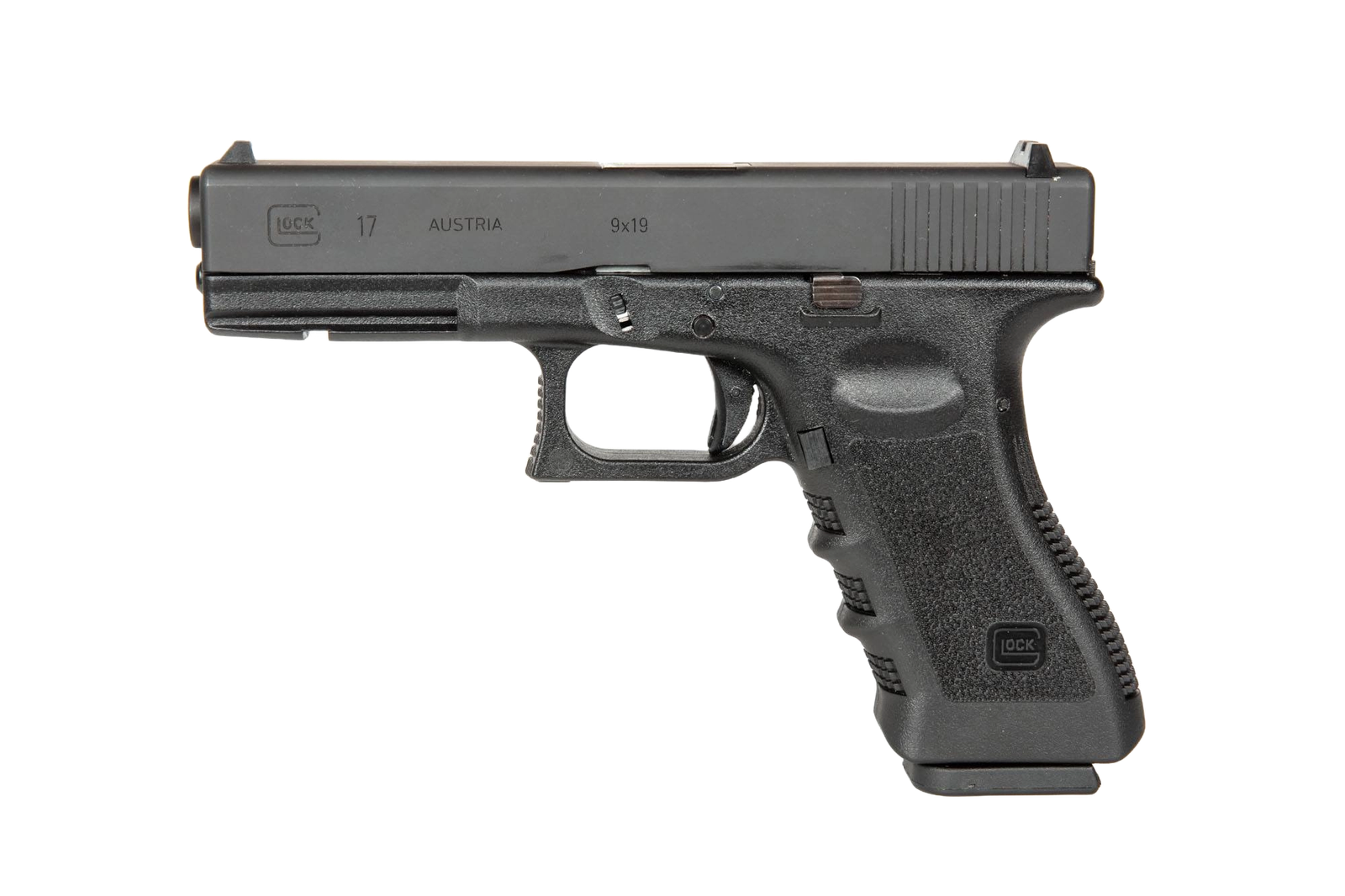 Glock 17 Gen 3 handgun with polymer frame, finger grooves, and 17-round magazine