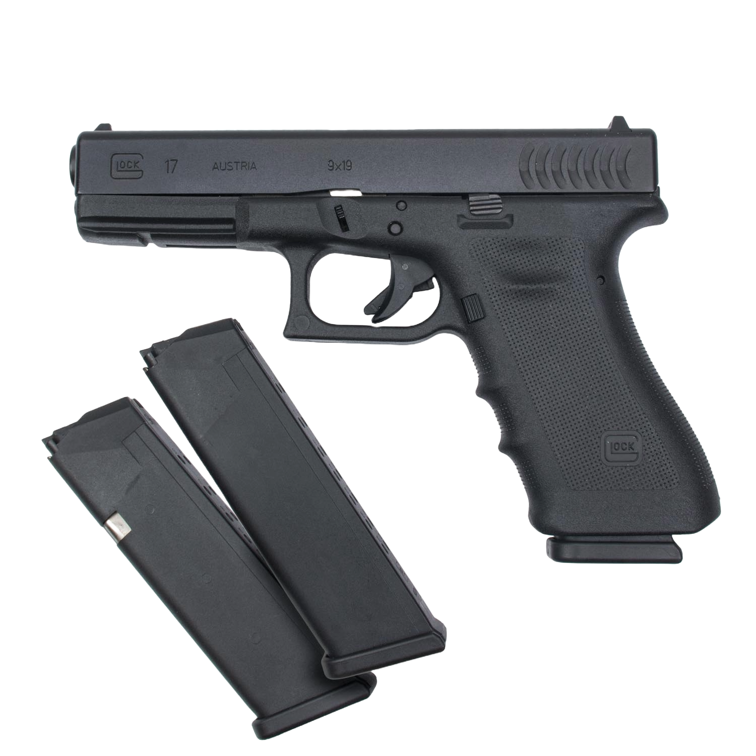 Close-up of the Glock 17 RTF handgun featuring a rough texture frame and ergonomic design for enhanced grip and control.