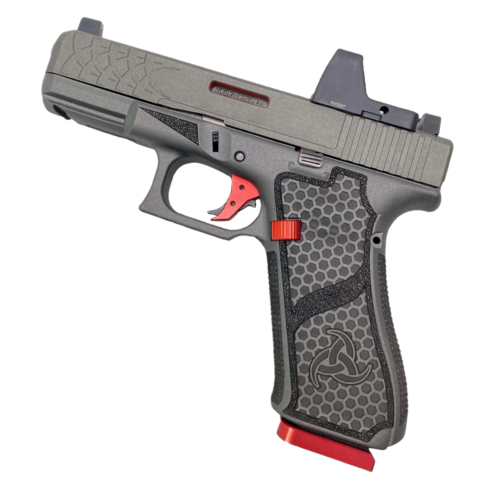 A customized Glock 17 pistol featuring custom grips, enhanced sights, and a sleek, personalized finish.