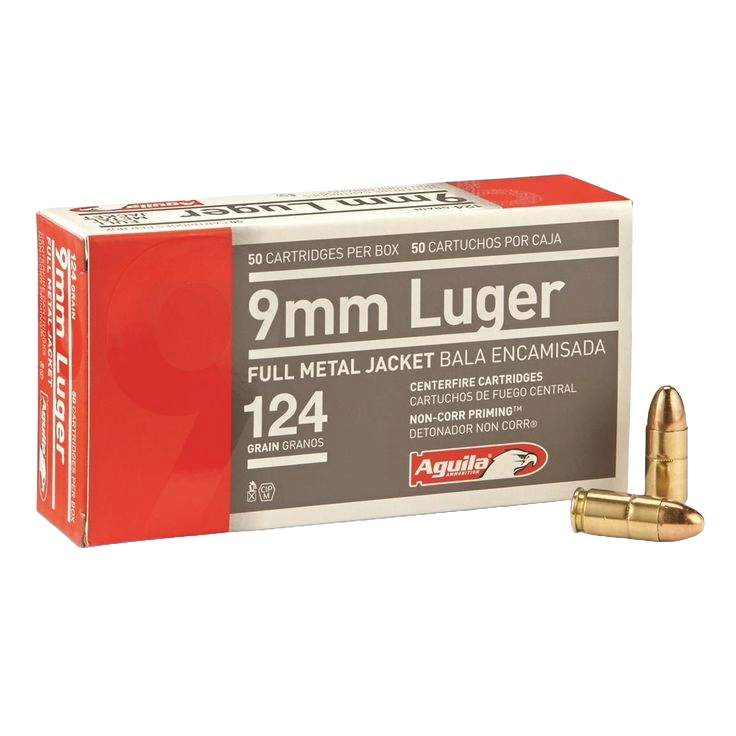 A box of Aguila 9mm Luger ammunition with two brass cartridges placed next to it.